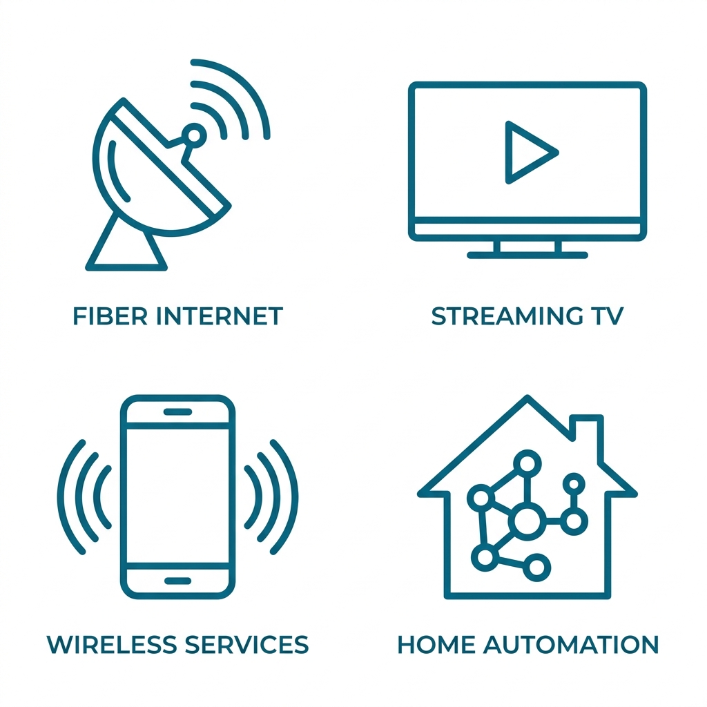Grid of four modern outline icons: Fiber Internet, Streaming TV, Wireless services, Home Automation for door-to-door sales.