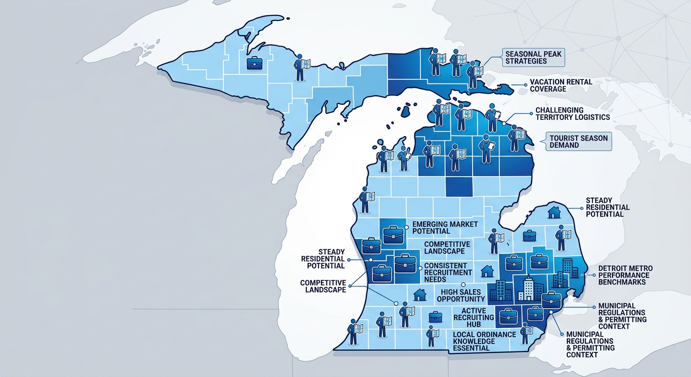 Infographic map of Michigan door-to-door sales opportunities with color-coded regions, icons for companies, jobs, and reps, and qualitative demand indicators.