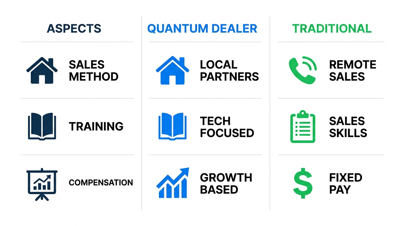 Infographic comparing Quantum Dealer sales method, training, and compensation to traditional sales with icons