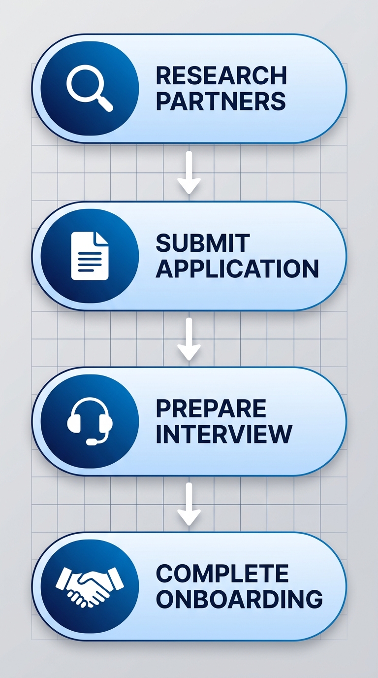 Vertical process flow diagram of four steps to become a Quantum dealer: research partners like Chipr, submit application, prepare for interview, complete onboarding and training.
