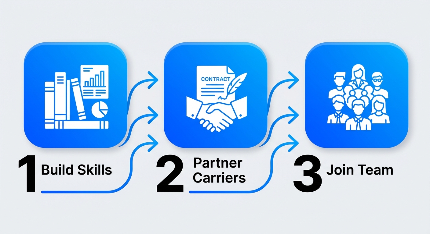 Horizontal process flow diagram illustrating three stages to become a carrier sales master agent: building skills, partnering with carriers, joining Chipr team