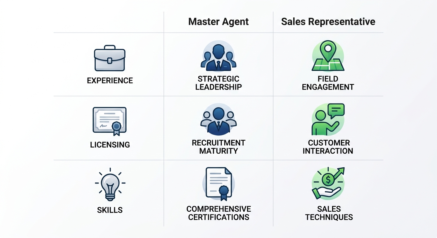 Infographic matrix comparing Master Agent and Sales Representative qualifications: experience, licensing, skills with icons in blue and green tones.