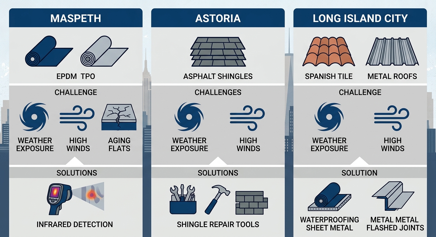 Infographic comparing roof types, challenges, and solutions in Maspeth, Astoria, and Long Island City Queens neighborhoods