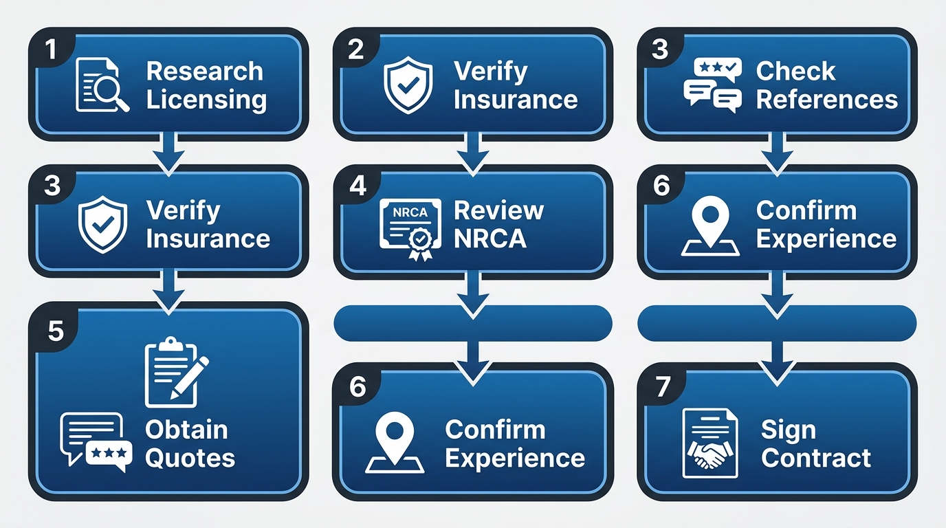 Vertical process flow diagram illustrating 7 steps to hire a Queens roofing contractor with icons and minimal labels