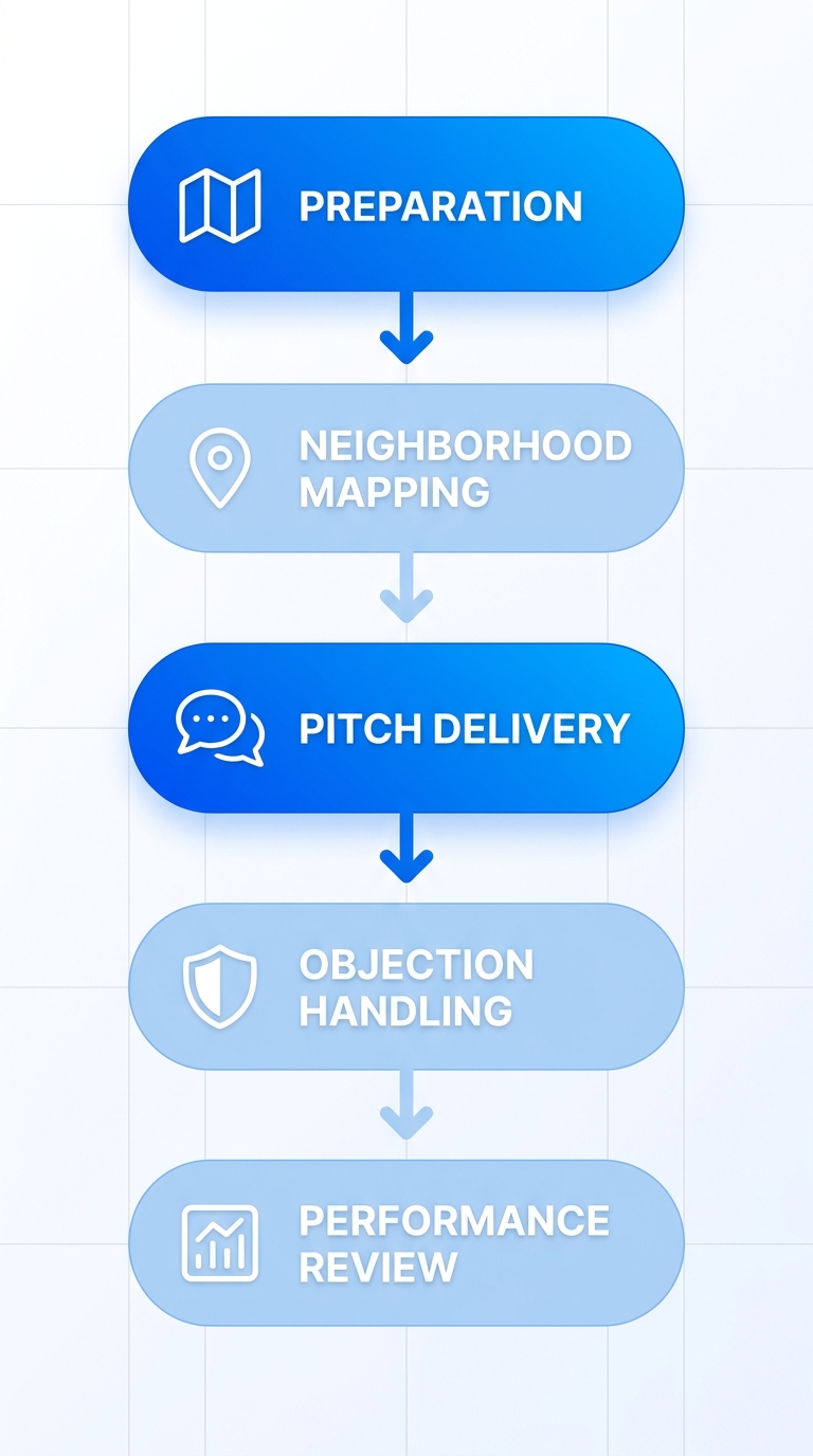 Vertical process flow diagram of five door-to-door sales stages for home tech: Preparation, Neighborhood Mapping, Pitch Delivery, Objection Handling, Performance Review with icons.