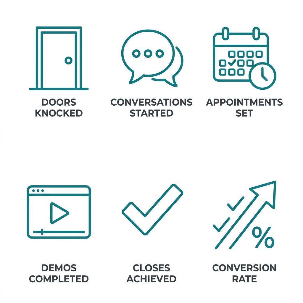 Square grid of 6 outline icons for door-to-door sales metrics: doors knocked, conversations started, appointments set, demos completed, closes achieved, conversion rate.