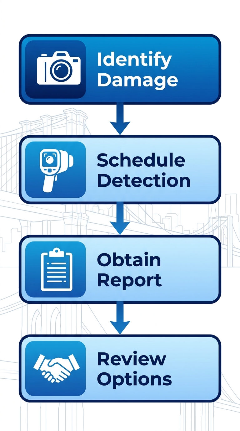 Vertical process flow diagram illustrating four steps to start roof repair in Brooklyn: identify damage, schedule leak detection, obtain damage report, review repair options
