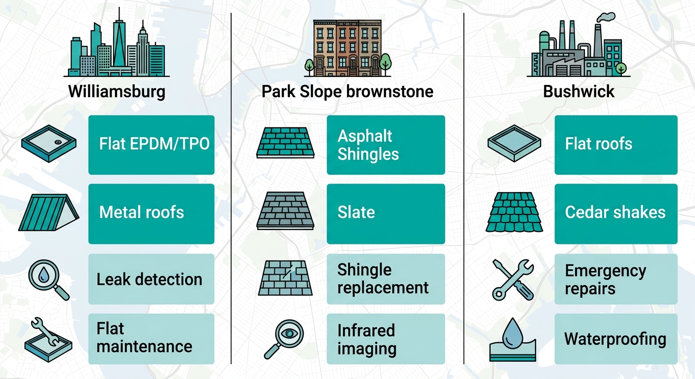Infographic comparing Brooklyn neighborhoods' roofing types and common repair needs: Williamsburg, Park Slope, Bushwick.