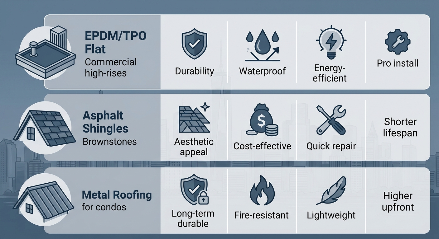 Infographic comparing three roof types for Manhattan: EPDM/TPO flat, asphalt shingles, metal roofing with best uses, pros, cons.