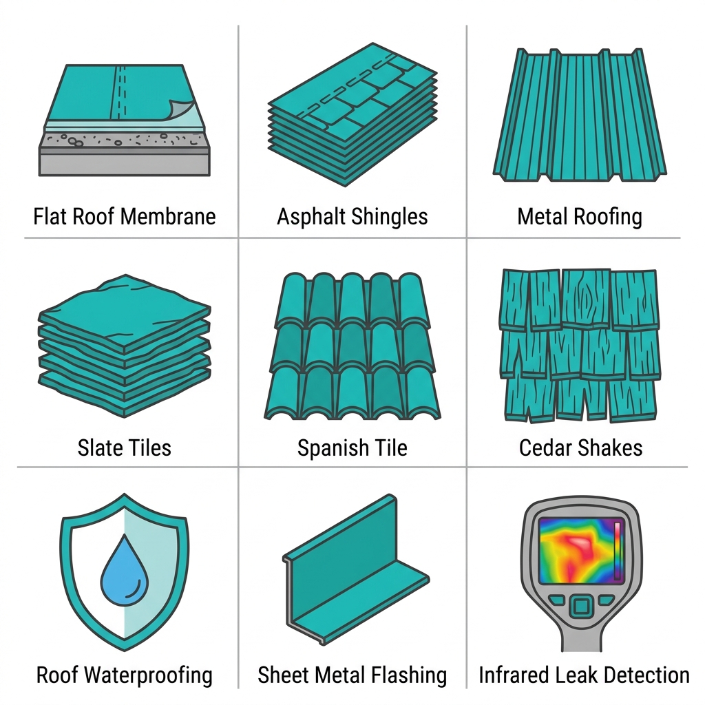 3x3 grid of flat outline icons representing key roofing services with short labels: EPDM/TPO, asphalt shingles, metal roofing, slate, Spanish tile, cedar shake, waterproofing, sheet metal, infrared detection.