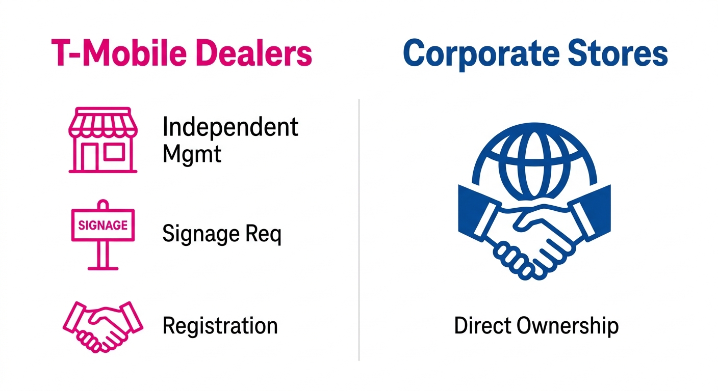 Side-by-side comparison infographic of T-Mobile Dealers versus Corporate Stores using icons and minimal labels