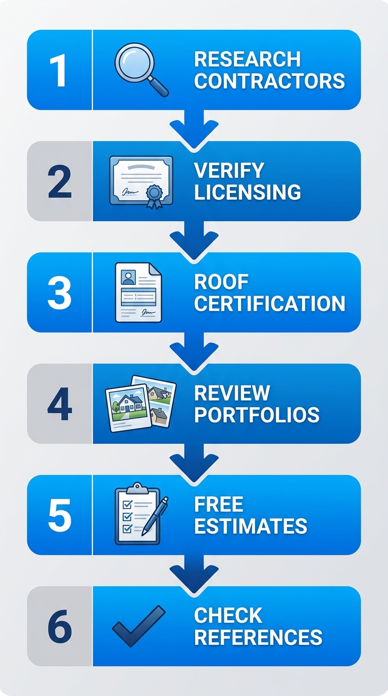 Vertical process flow diagram illustrating 6 steps to hire a Long Island roofing contractor with icons for research, verification, certification, portfolios, estimates, and references