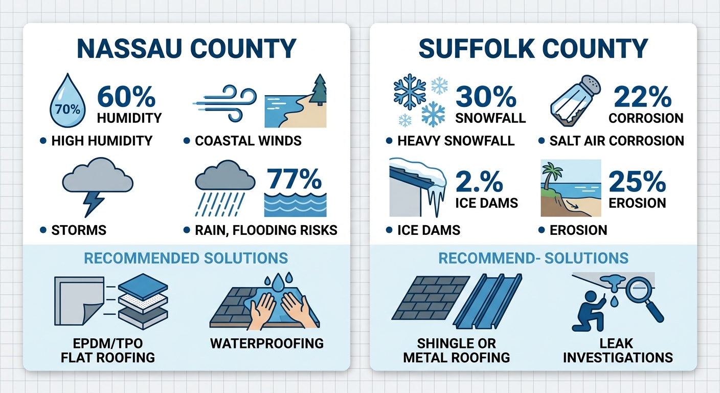 Infographic comparing roofing challenges and solutions in Nassau and Suffolk Counties, Long Island, with weather icons and recommendations.