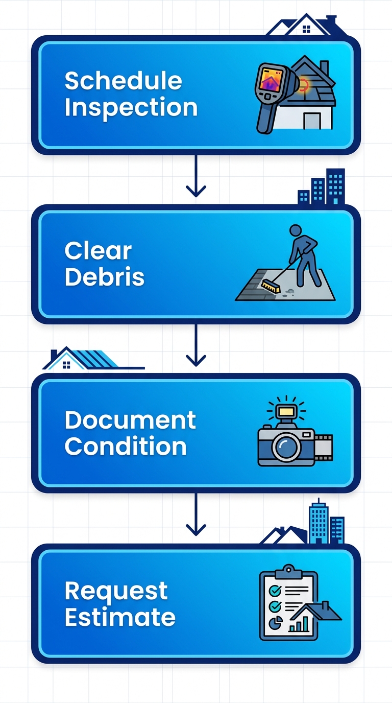 Vertical process flow illustrating four preparation steps for flat roof repair in Queens: schedule inspection, clear debris, document condition, and request estimate.