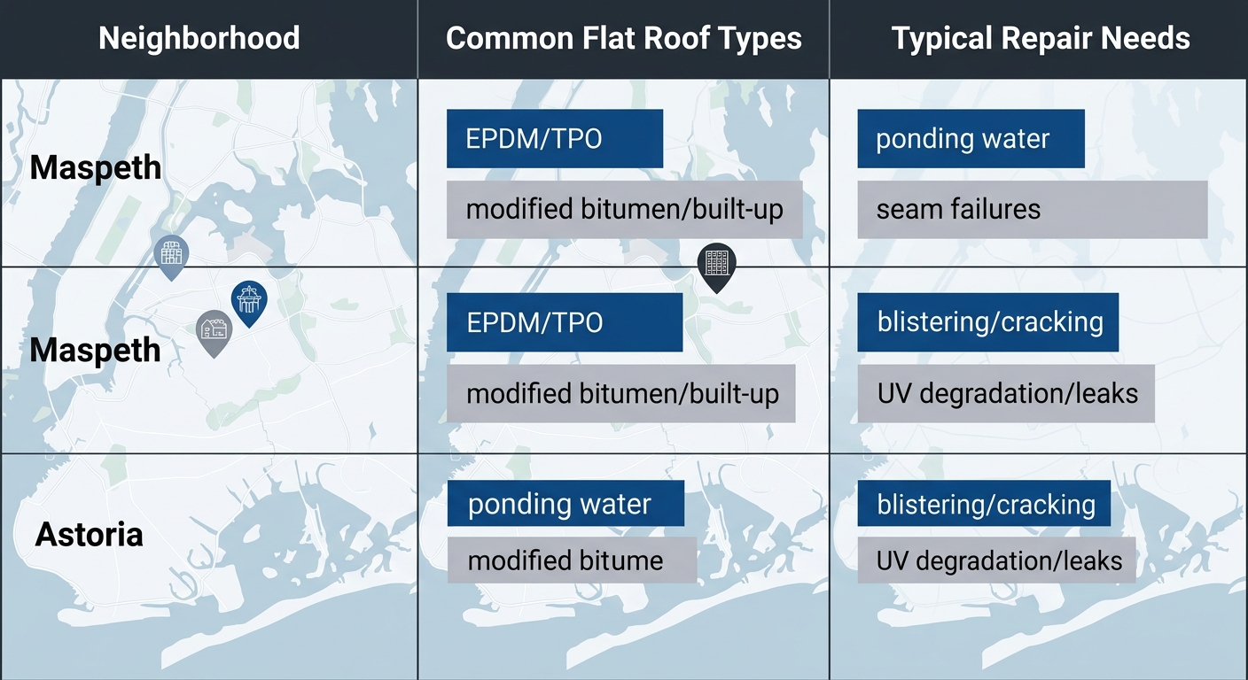 Infographic comparing flat roof types and repair challenges in Maspeth, Flushing, Astoria on NYC map background