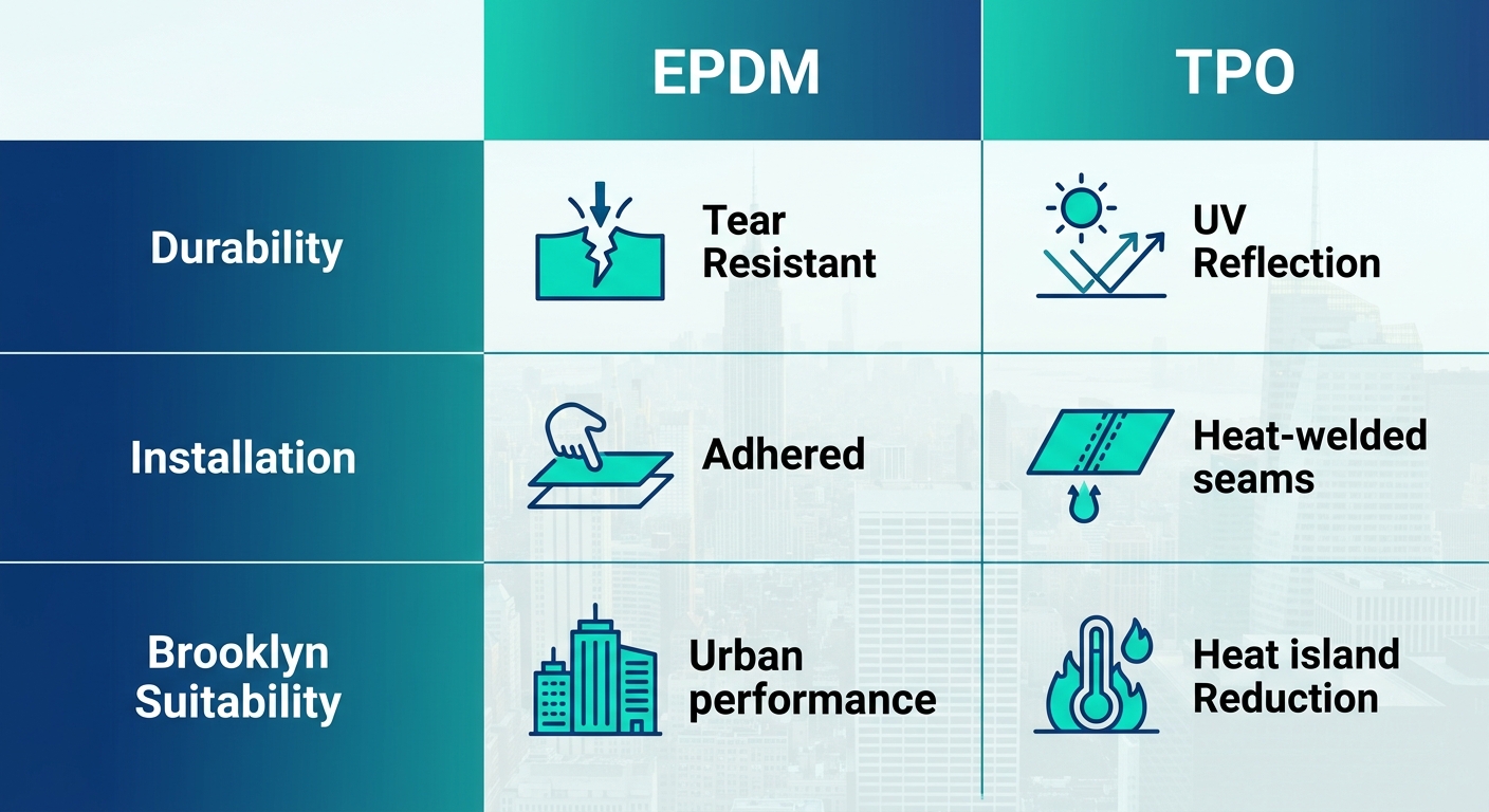 Infographic comparing EPDM and TPO flat roofing: durability, installation, Brooklyn suitability with feature icons.
