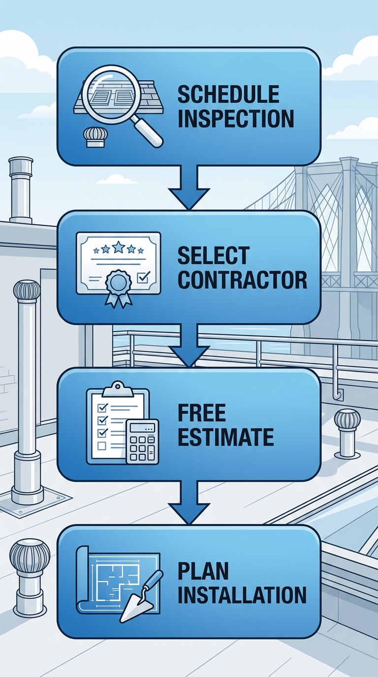 Vertical process flow for starting Brooklyn flat roof project: schedule leak inspection, select certified contractor, get free estimate, plan installation or repair.