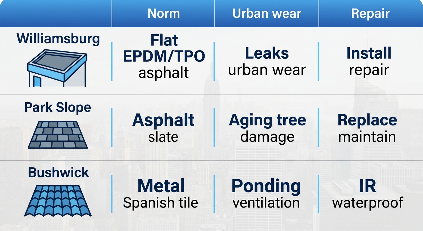 Infographic table comparing Brooklyn neighborhoods, common roof types, challenges, and roofing services.