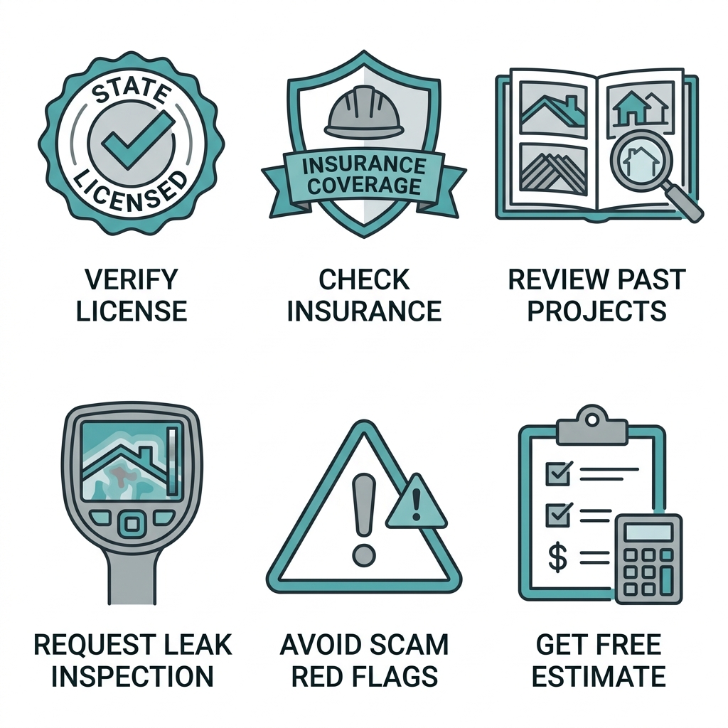 Grid of six flat outline icons for hiring a reliable Brooklyn roofing contractor: verify license badge, insurance shield, past projects album, leak inspection camera, scam alert triangle, free estimate clipboard.