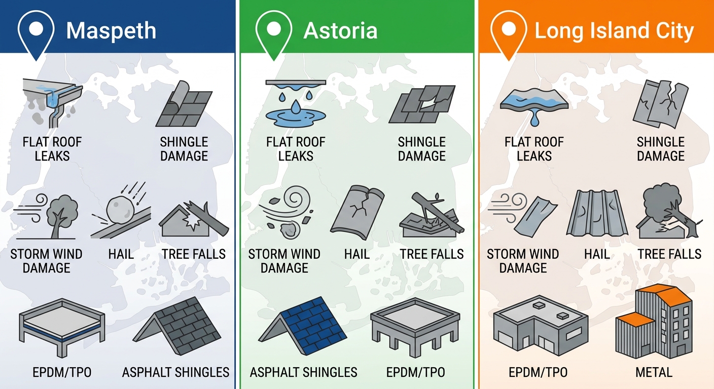 Infographic of common roofing issues in Maspeth, Astoria, and Long Island City neighborhoods with icons, map pins, and color-coded panels