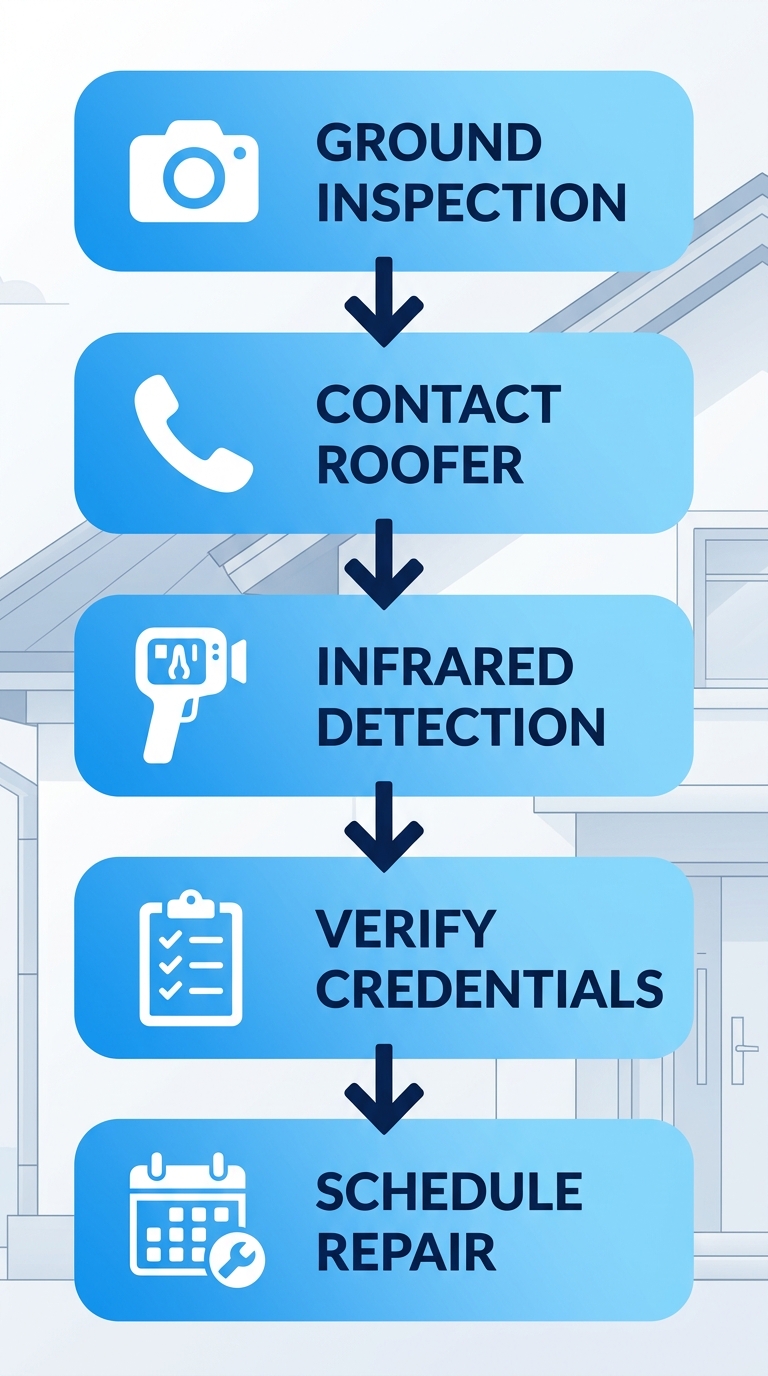 Vertical process flow diagram of 5 steps for initiating emergency roof repair: ground inspection, contact roofer, infrared leak detection, verify credentials, schedule repair.