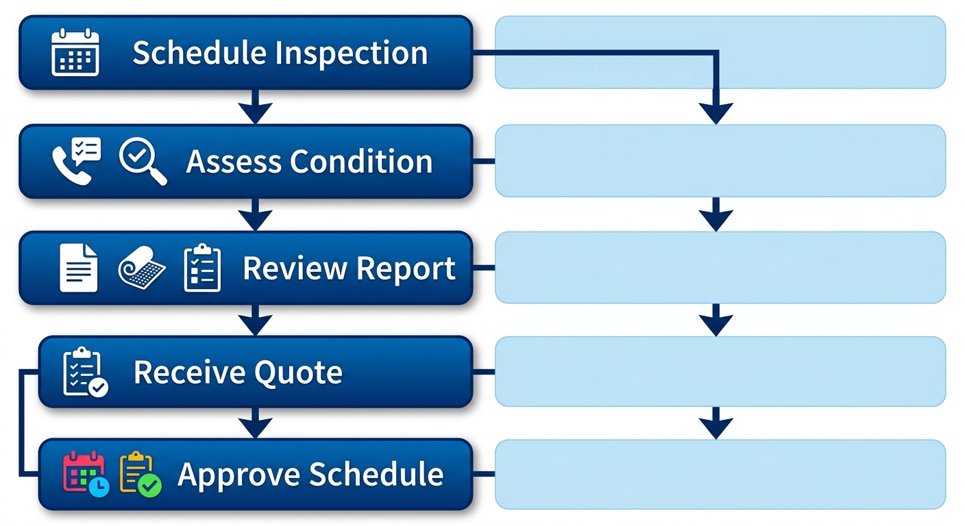 Vertical process flow diagram of 5 steps for starting flat roof replacement in Manhattan: schedule inspection, assess condition, review report and options, receive quote, approve and schedule.