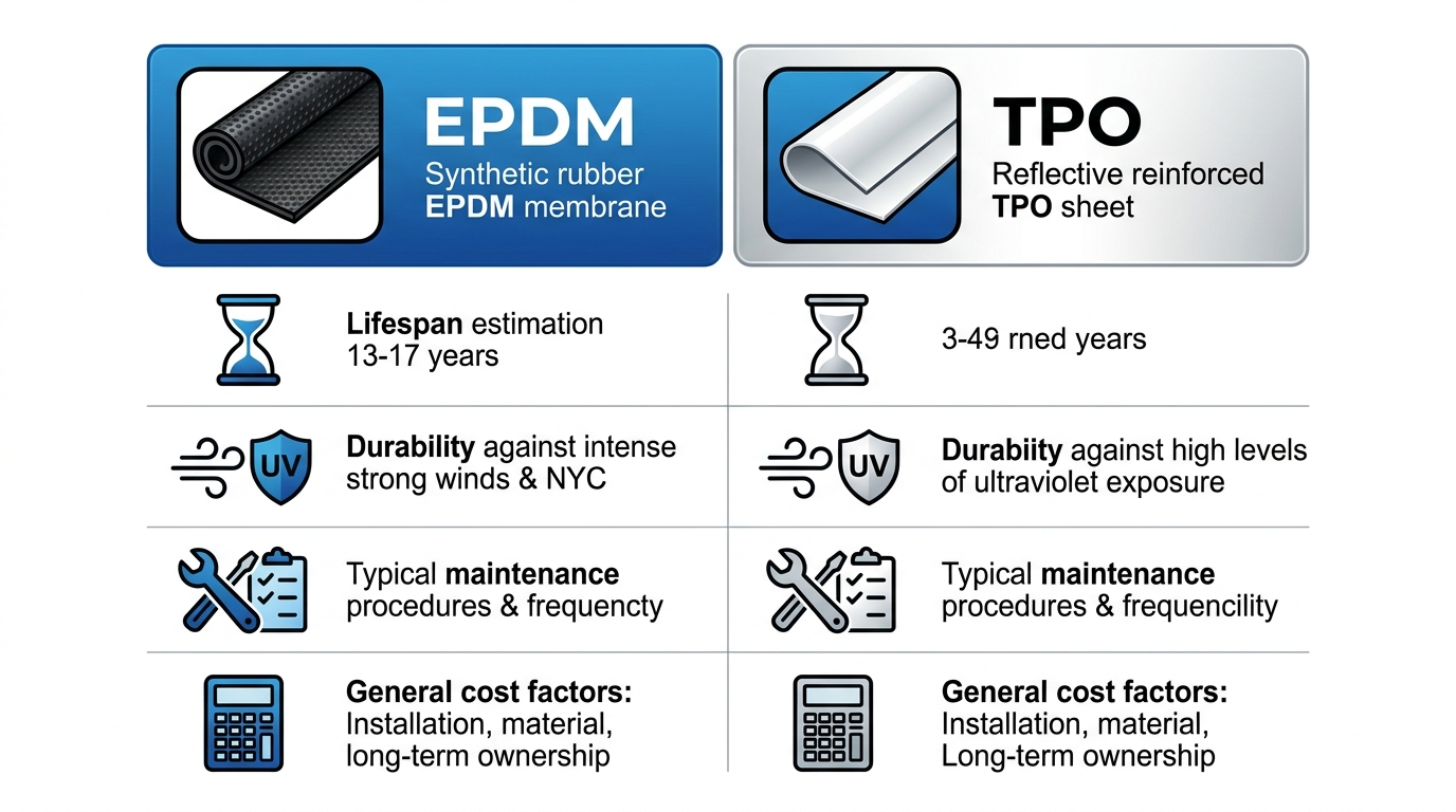 Infographic comparing EPDM vs TPO flat roofing: lifespan, NYC weather durability, maintenance, cost factors