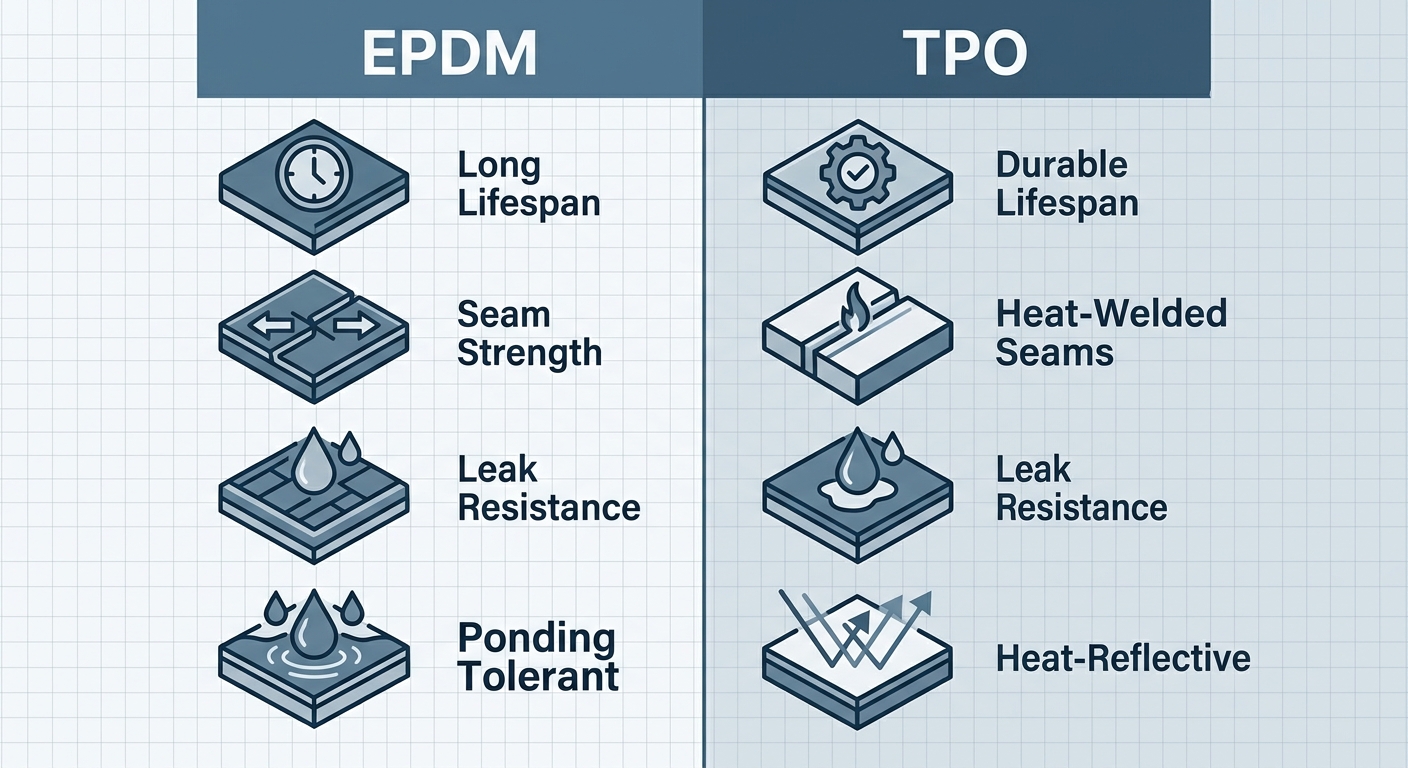 Infographic comparing EPDM and TPO flat roof materials used in Bronx properties with icons and short feature labels