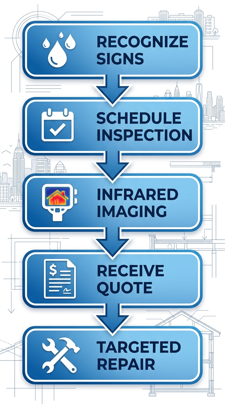 Vertical process flow diagram illustrating five stages of initiating flat roof repairs in the Bronx: recognize signs, schedule inspection, infrared imaging, receive quote, targeted repair.