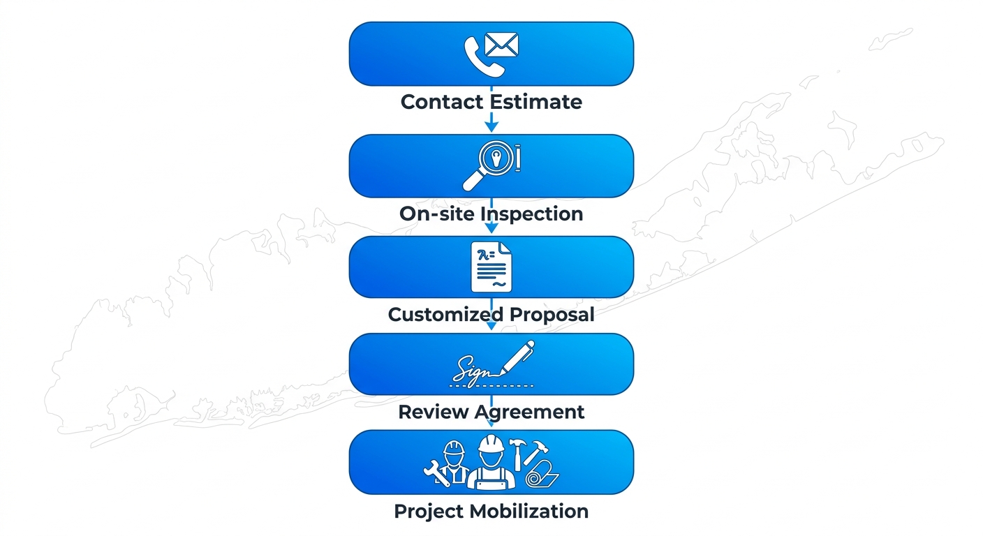 Vertical process flow diagram of 5 steps to start a commercial flat roof project in Long Island: contact, inspection, proposal, agreement, mobilization.