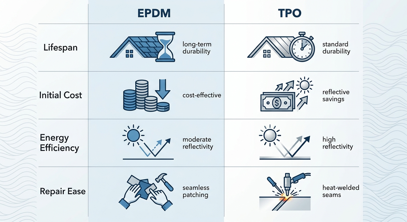 Infographic comparing EPDM and TPO flat roofing materials by lifespan, initial cost, energy efficiency, and repair ease for Long Island commercial properties