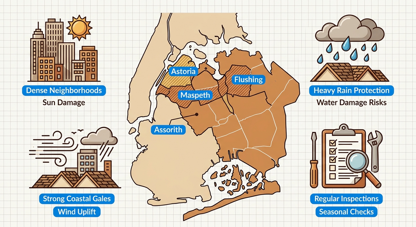 Infographic map of Queens neighborhoods showing shingle roofing factors like urban exposure, winds, rain, and maintenance needs