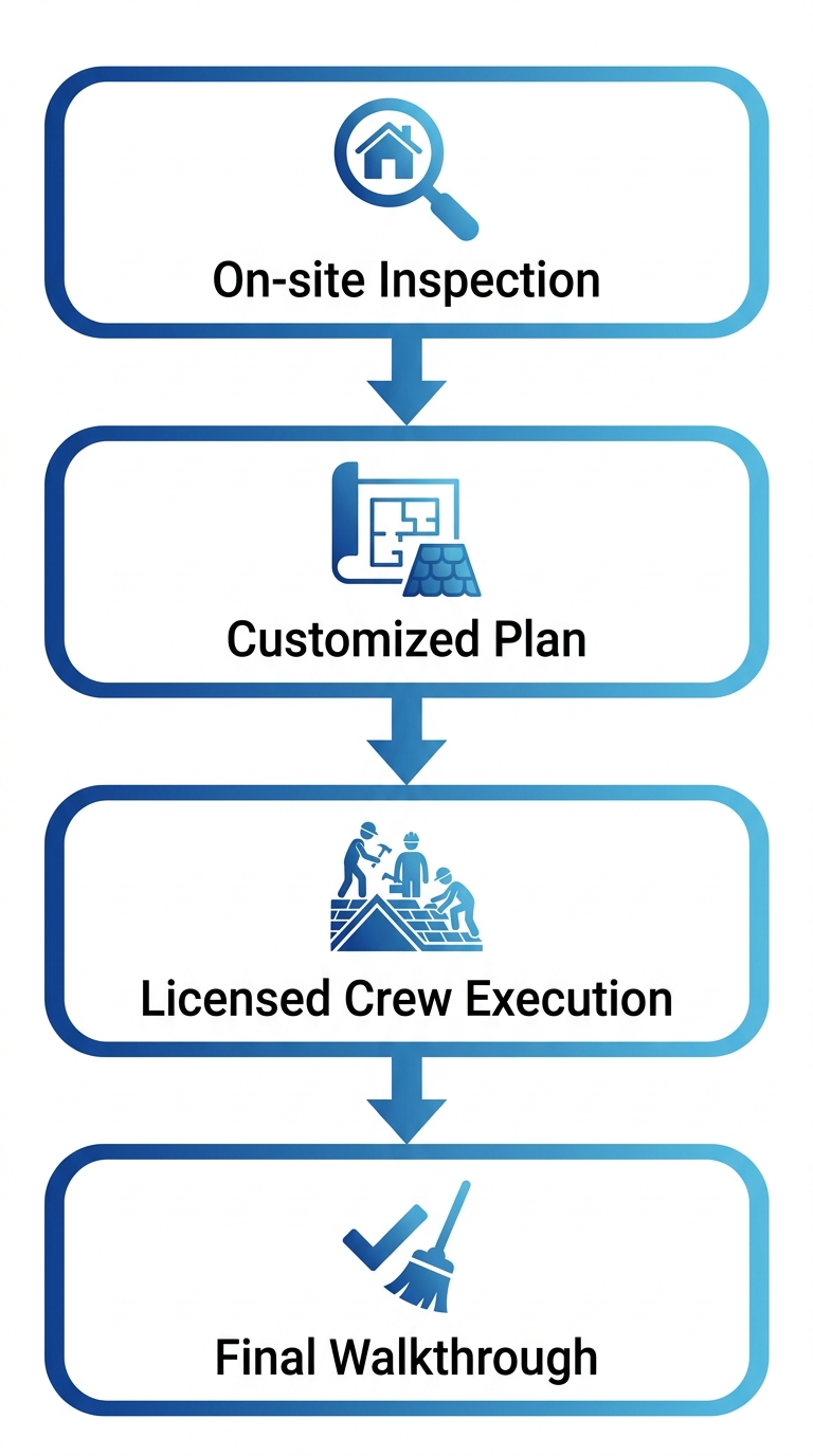Vertical process flow diagram of four stages for managing shingle roof replacement in Queens: on-site inspection, customized plan, licensed crew execution, final walkthrough and cleanup