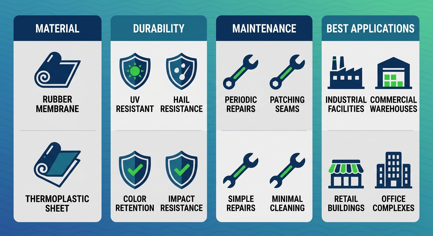 Infographic comparing EPDM and TPO flat roofing materials: durability, maintenance, and applications for coastal Staten Island