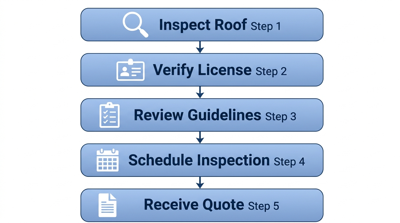 Vertical process flow diagram illustrating five key steps to start shingle roofing projects in the Bronx: inspect roof, verify contractor license, review guidelines, schedule inspection, and receive quote.