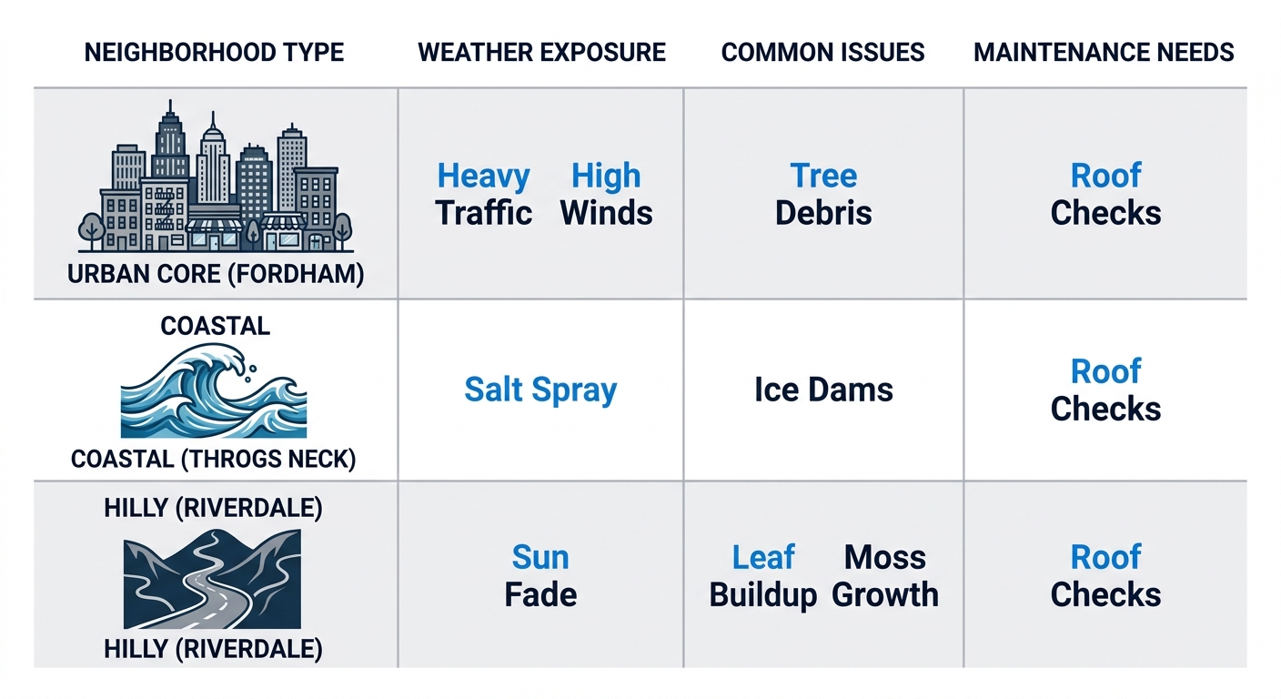 Infographic table comparing Bronx neighborhood shingle roofing: weather exposure, common issues, maintenance needs with icons.