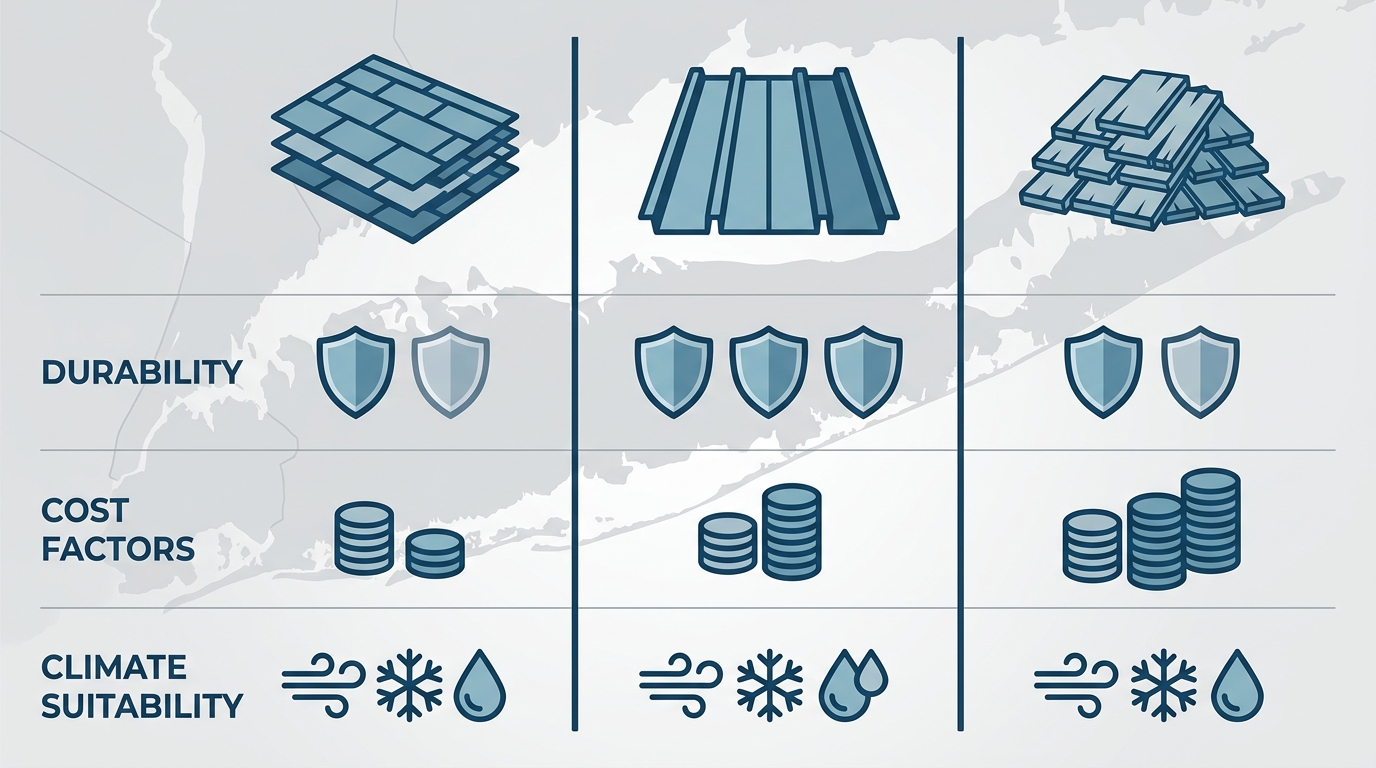 Infographic comparing Asphalt Shingles, Metal Roofing, and Cedar Shakes for Long Island homes on durability, cost, and climate suitability