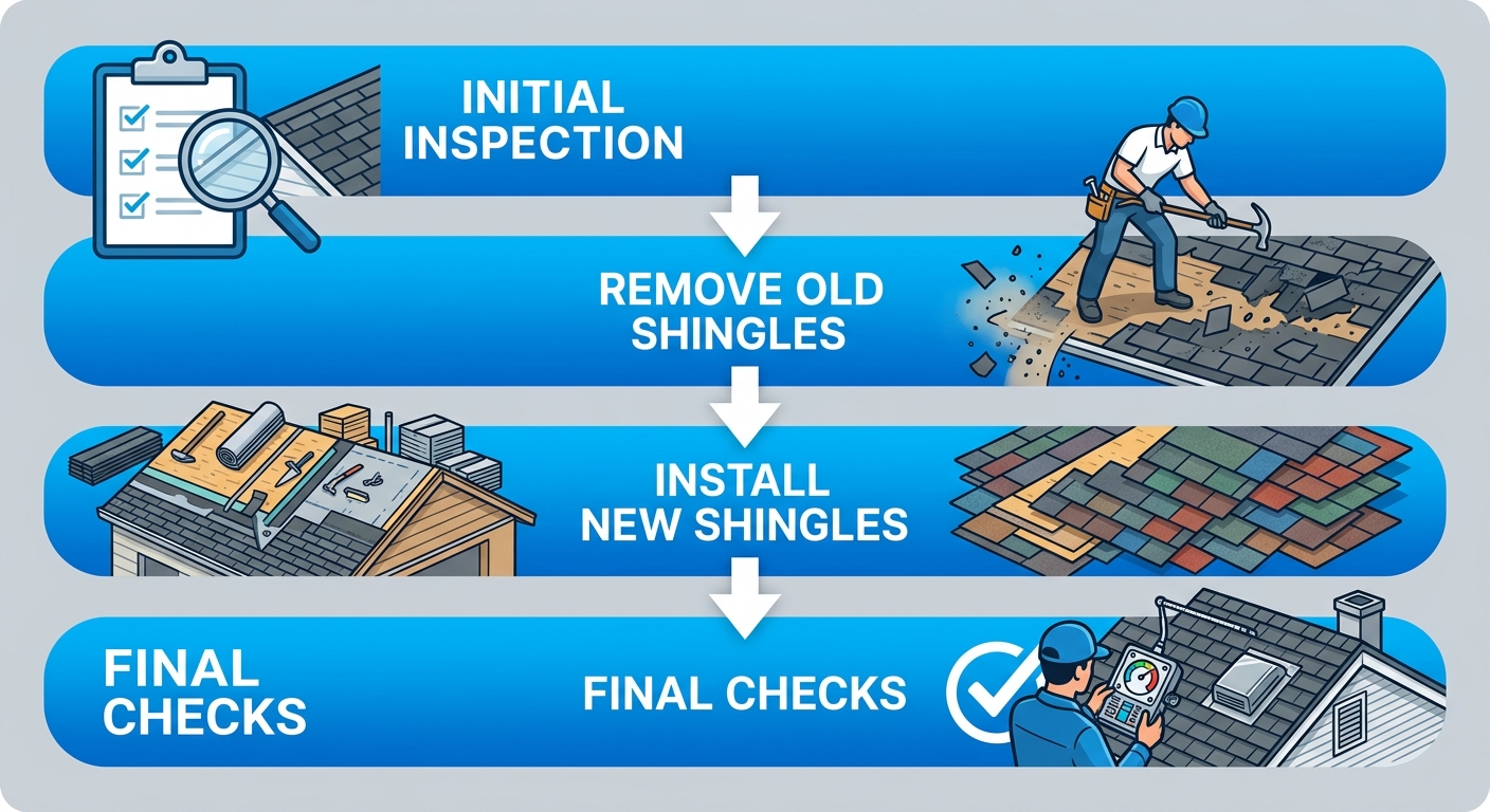 Vertical process flow diagram showing four stages of shingle roof replacement: initial inspection, old shingle removal, new shingle installation, and final quality checks.