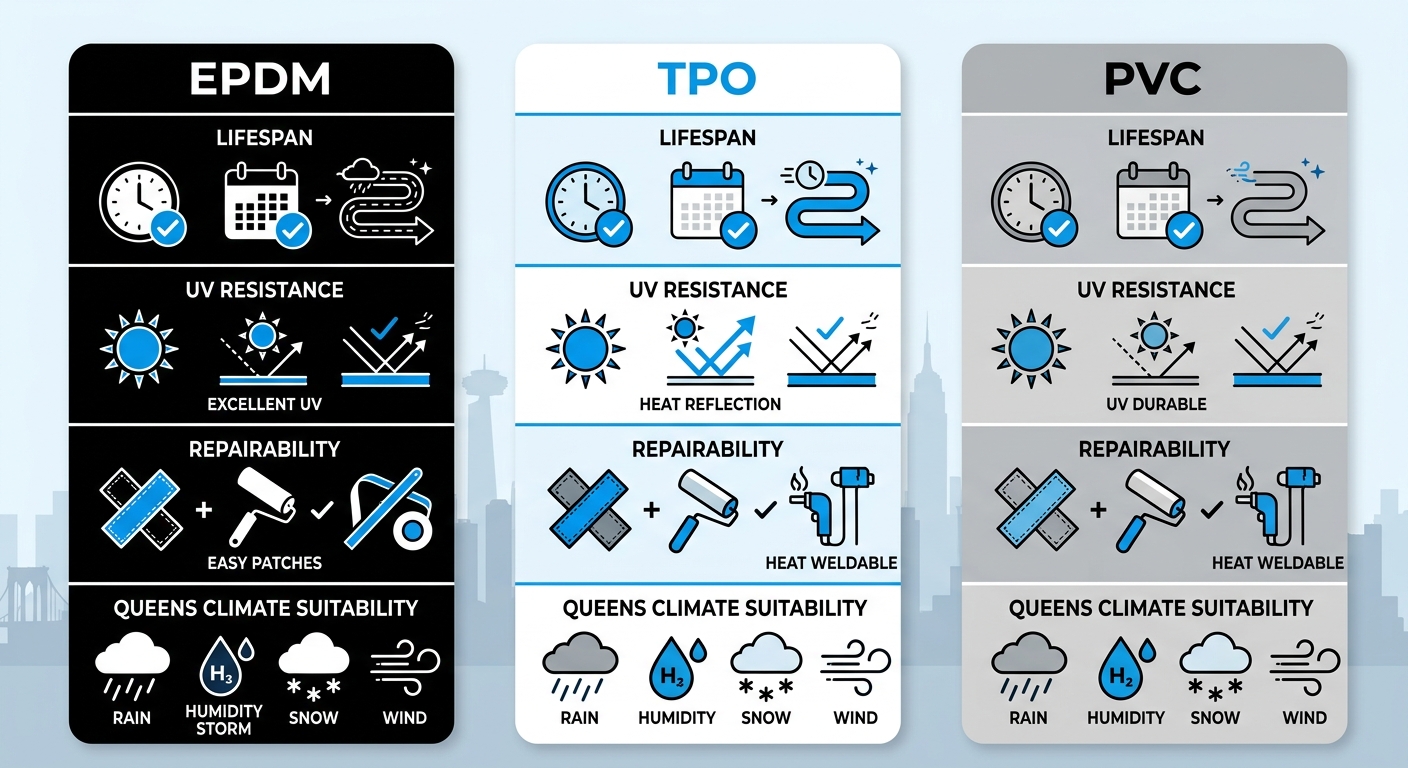 Infographic comparing EPDM, TPO, and PVC flat roofing systems features: lifespan, UV resistance, repairability, Queens climate suitability with icons and checkmarks.
