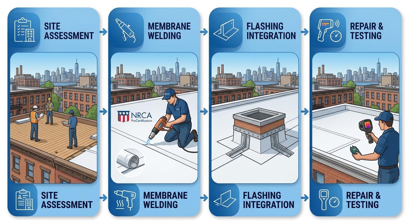 Horizontal process flow diagram for TPO roofing services in Brooklyn with four stages: site assessment, membrane welding, flashing integration, repair and testing.