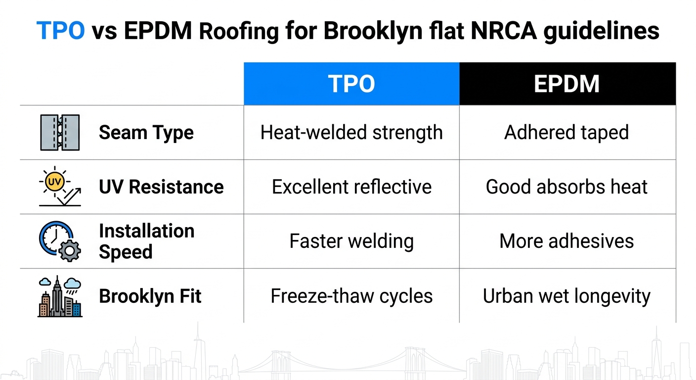 Infographic comparing TPO and EPDM roofing features for Brooklyn flat roofs with icons and minimal labels
