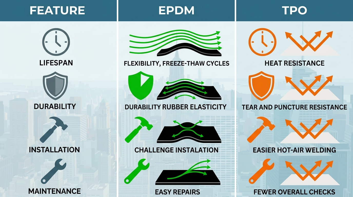 Infographic comparing EPDM and TPO rubber roofing features for Bronx climate with icons for lifespan, durability, installation, and maintenance