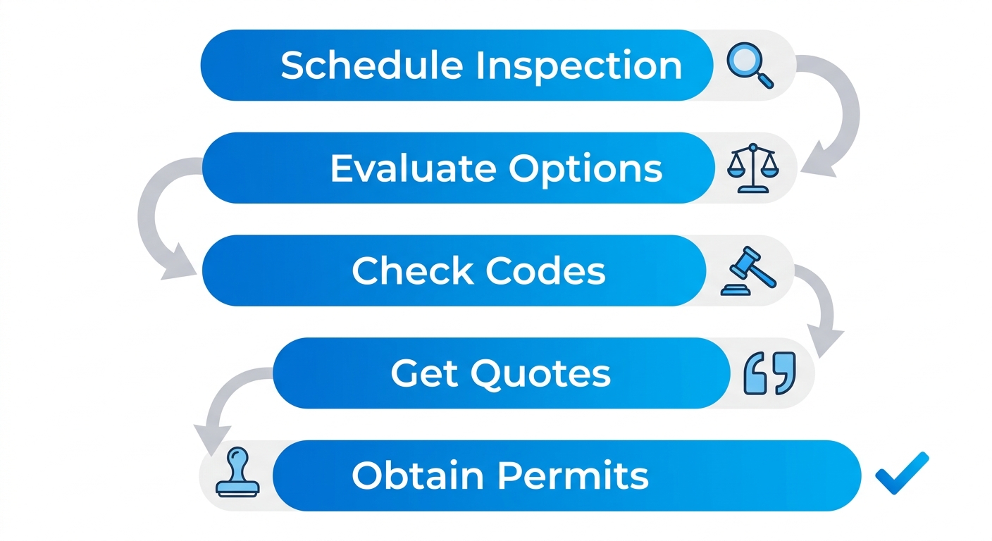Vertical process flow chart for starting a rubber roofing project in the Bronx with five illustrated steps and icons.