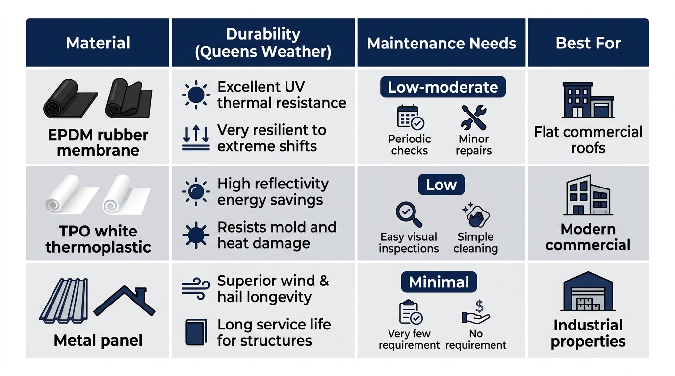 Infographic table comparing EPDM, TPO, and metal roofing materials for Queens commercial buildings by durability, maintenance, and applications.
