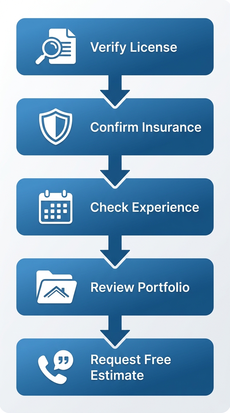 Vertical process flow diagram with five stages for hiring a commercial roofing contractor: verify license, confirm insurance, check experience, review portfolio, request free estimate.