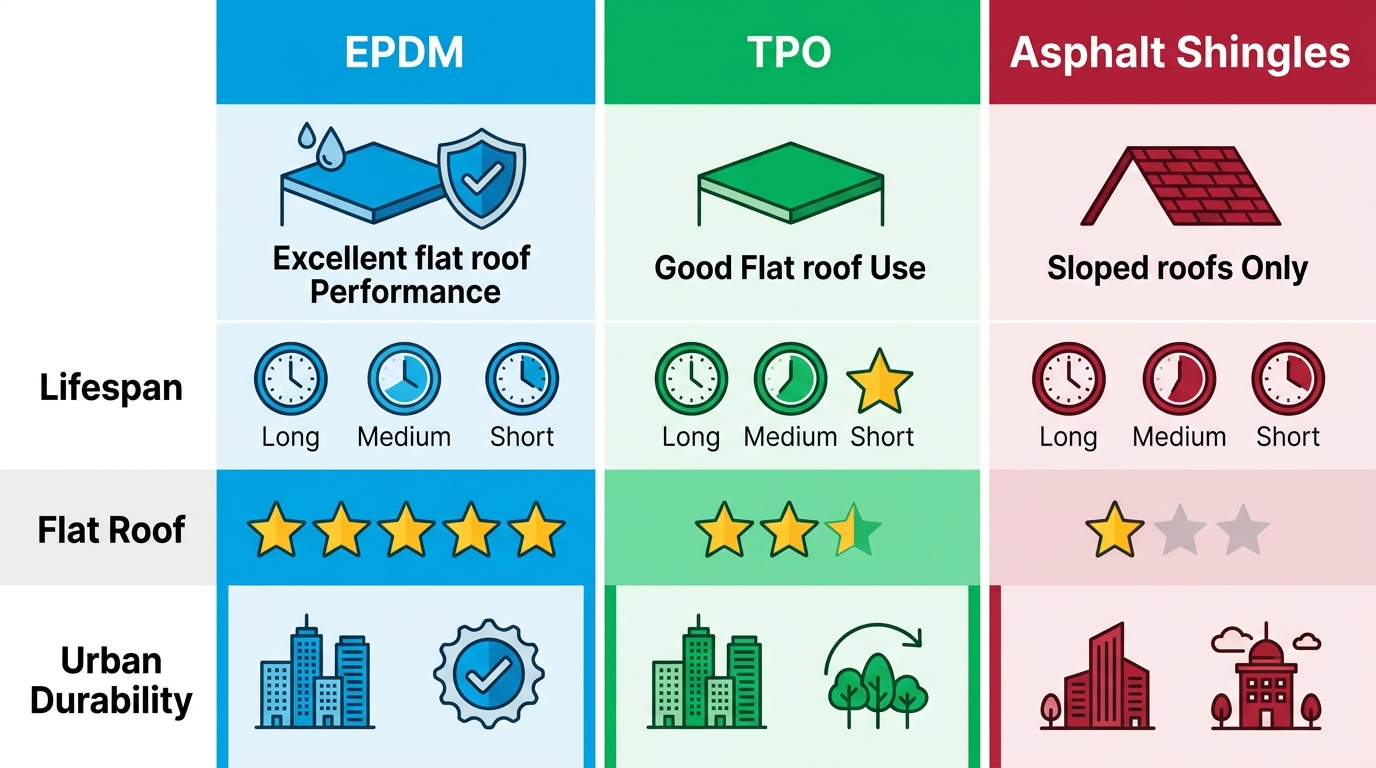 Three-column infographic comparing suitability of EPDM, TPO, and Asphalt Shingles roofing materials for Manhattan properties using icons for lifespan, flat roof performance, and urban durability.