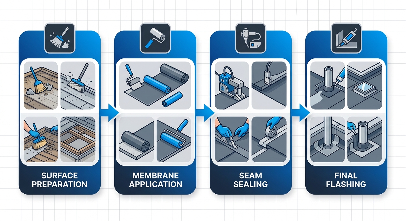 Horizontal process flow diagram illustrating four stages of EPDM roof installation: surface preparation with cleaning, membrane application with roller, seam sealing with welder, and final flashing with sealant.