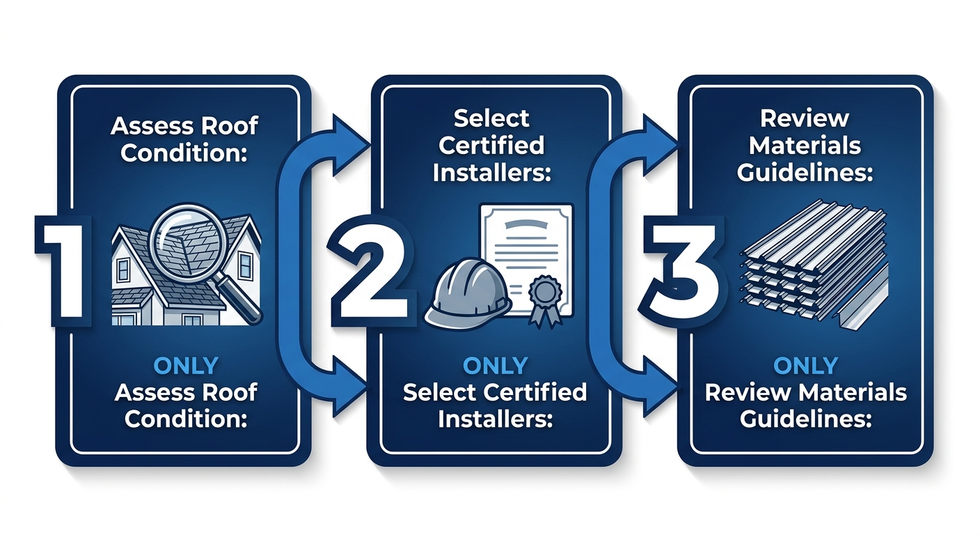 Horizontal process flow diagram illustrating three steps to start a metal roof project: assess condition, select installers, review materials.