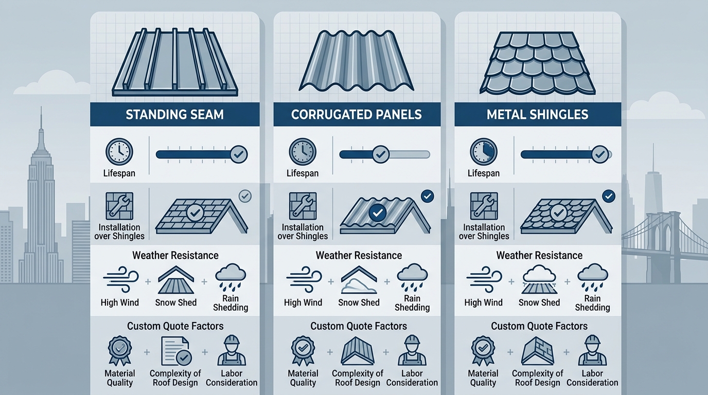 Infographic comparing Standing Seam, Corrugated Panels, and Metal Shingles metal roofs for Brooklyn, icons for lifespan, installation, weather resistance, quote factors