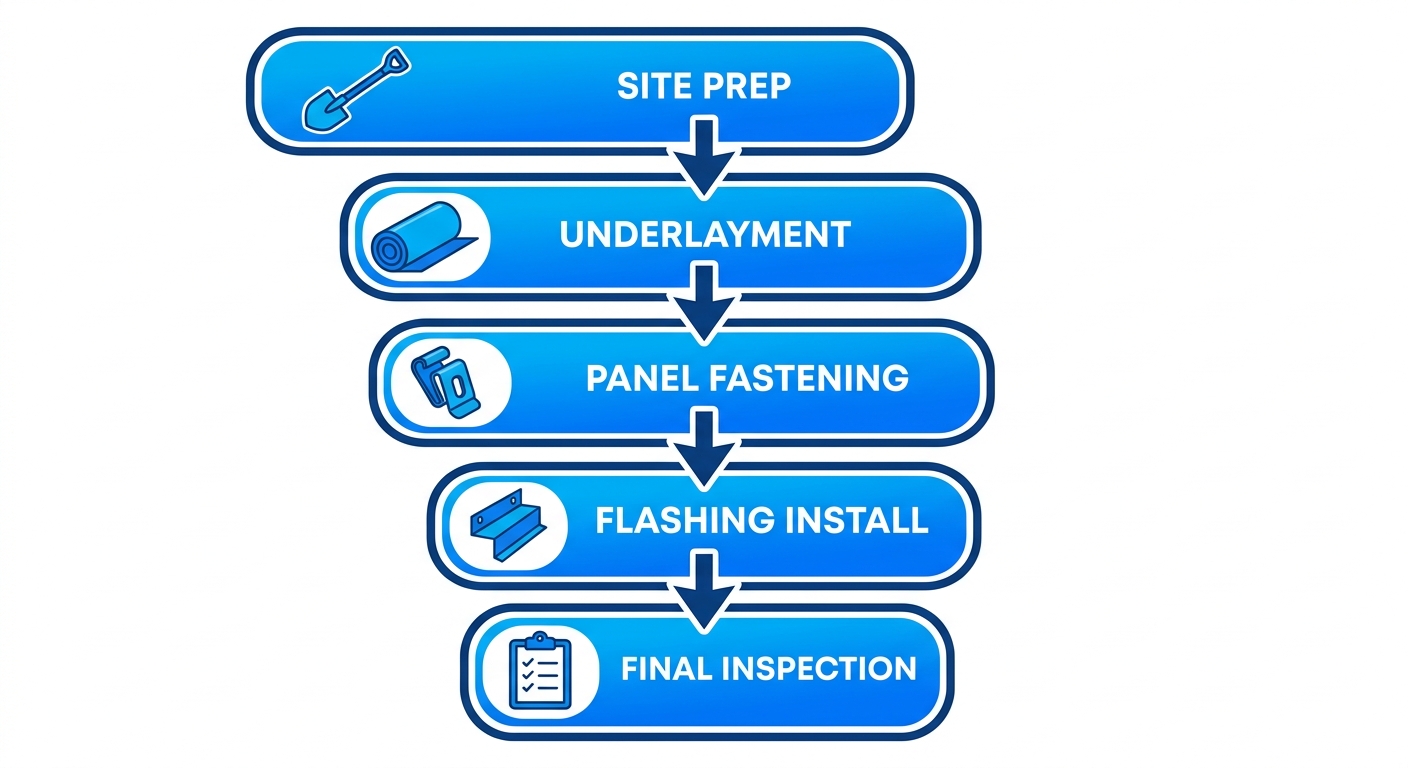 Vertical process flow diagram illustrating 5 key steps of metal roof installation in Queens
